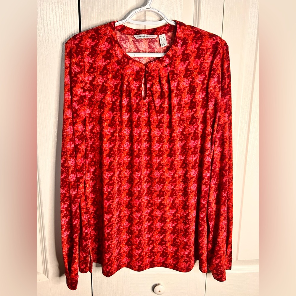 Isaac Mizrahi Live! Women‎ L Blouse Pink Red Long Sleeve Houndstooth Tie Dye